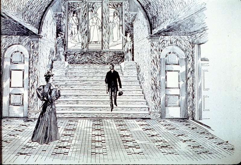 artist's conception of grand staircase in Michigan City Public Library building