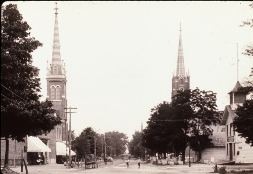 Franklin Street looking north, church spires of St. John's and St. Paul's