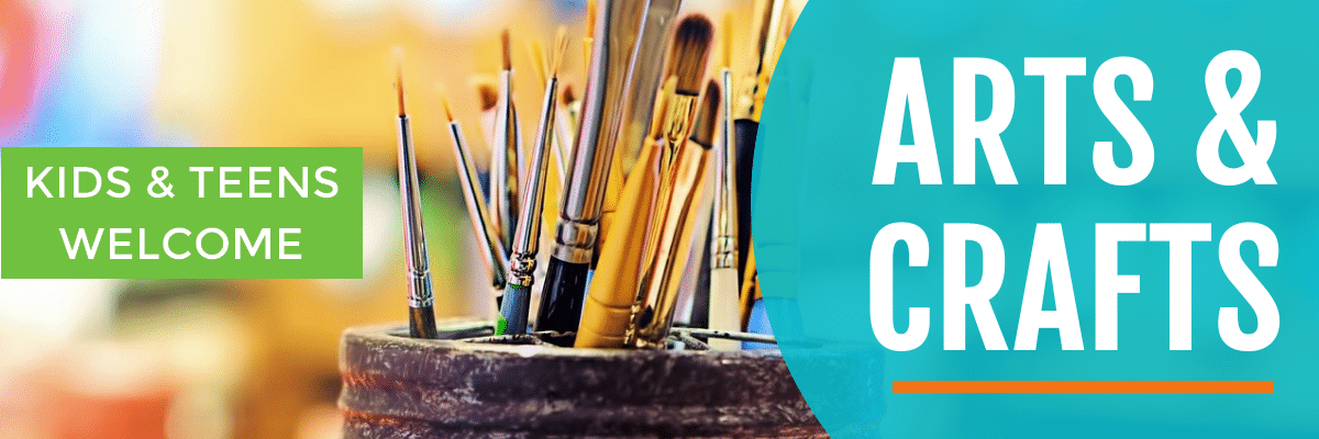 paint brushes sit in a jar next to the words arts and crafts
