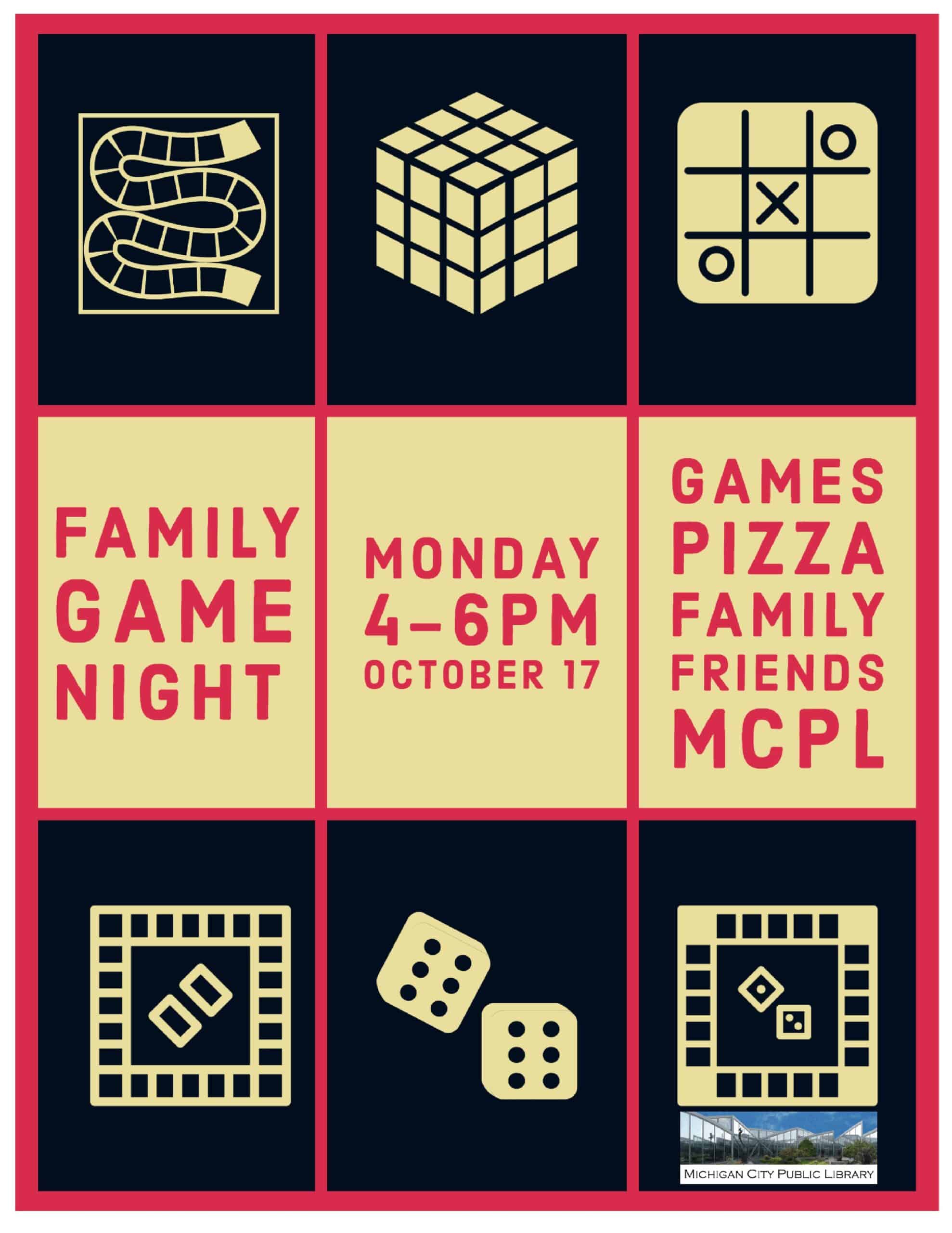 a game night flier with the date and time and squares of different game tiles shown