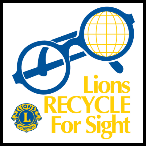 Lions Recycle for Sight, with eyeglasses & globe icon and Lions International logo