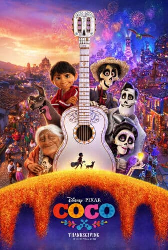 film poster for coco, showing the whole family on either side of a guitar