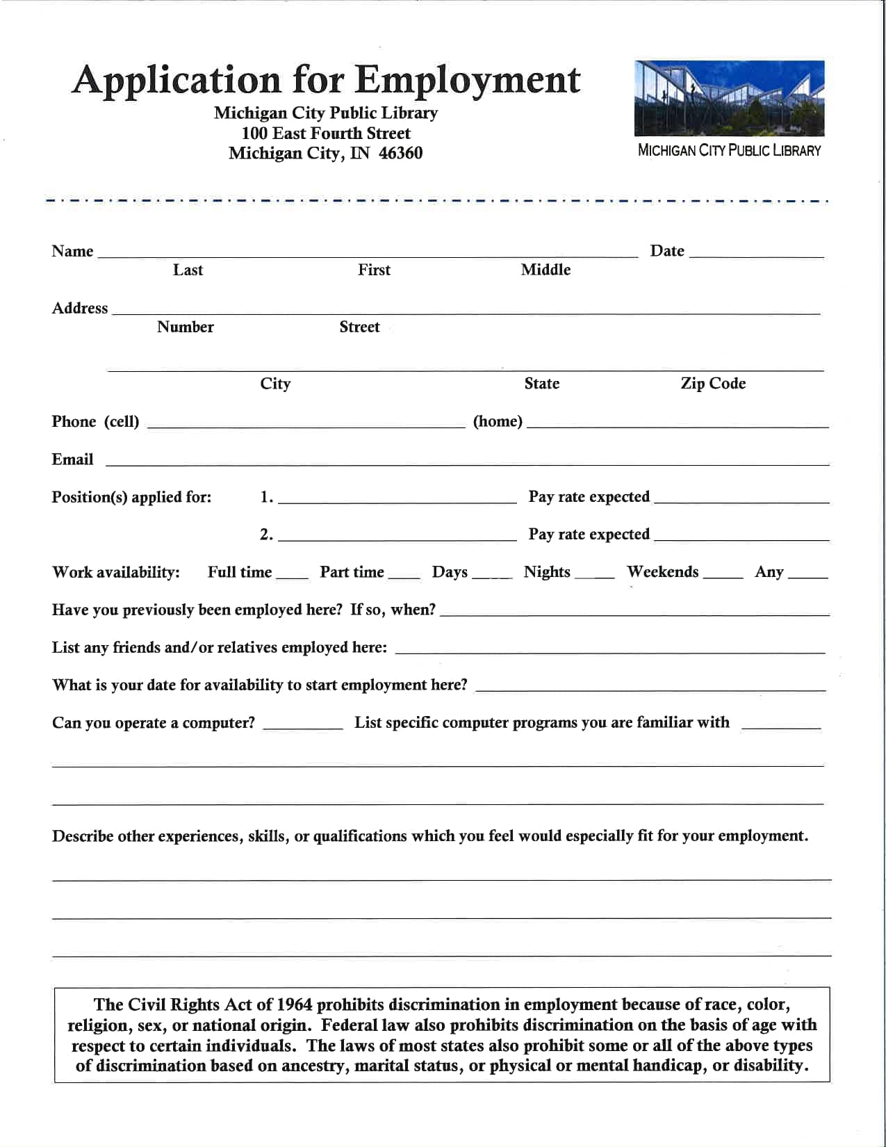 Michigan City Public Library job application, pg. 1