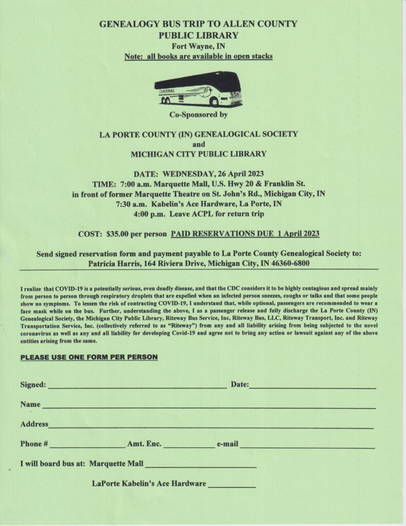 Genealogy Bus Trip to Allen County Public Library 2023 signup form