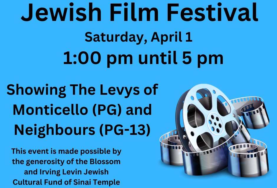the information on the event is written in stark black against a blue background, with a film reel half unspooled shown at the side of the image