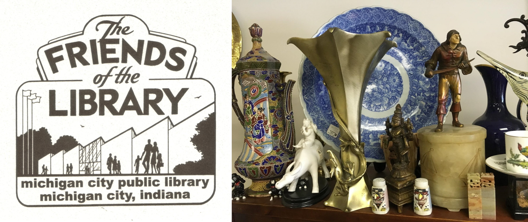 Friends of the Library logo and table of antiques/collectibles