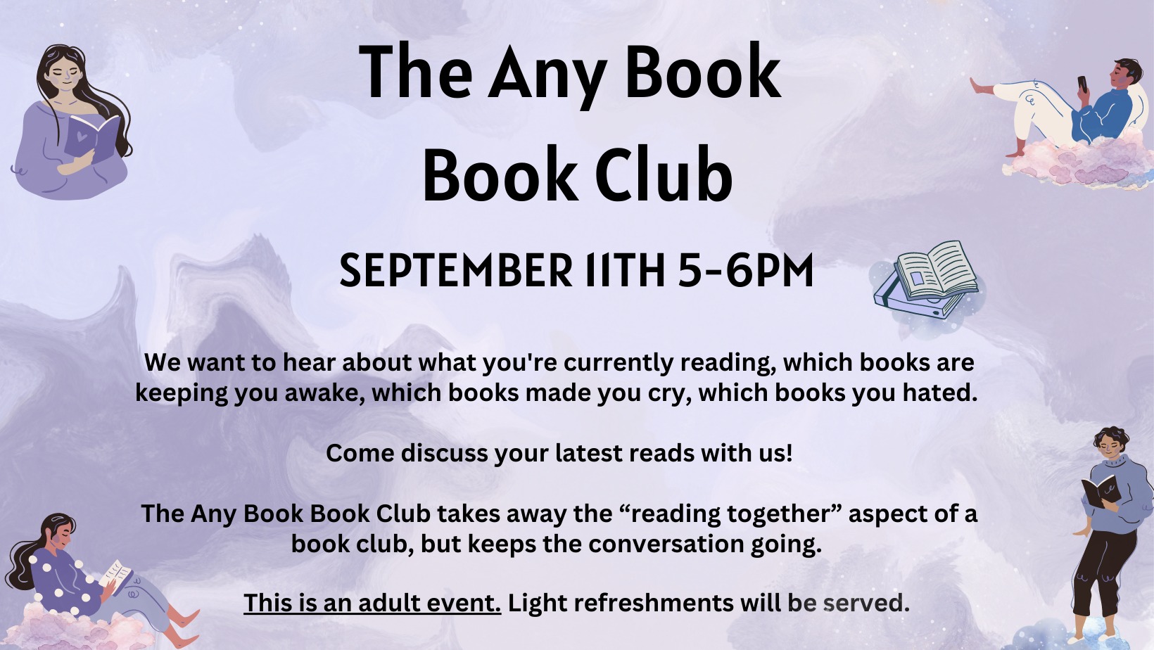 Any Book Book Club, September 11, 5-6 pm