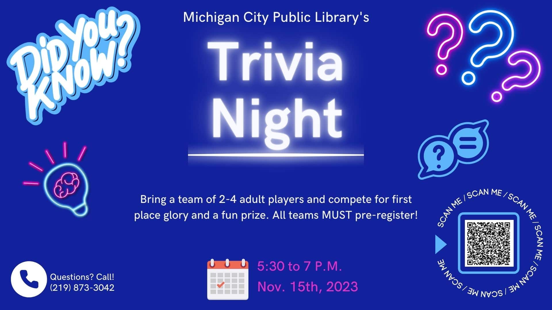 Trivia Night for Adults, Wednesday, November 15, 5:30-7, pre-registration required