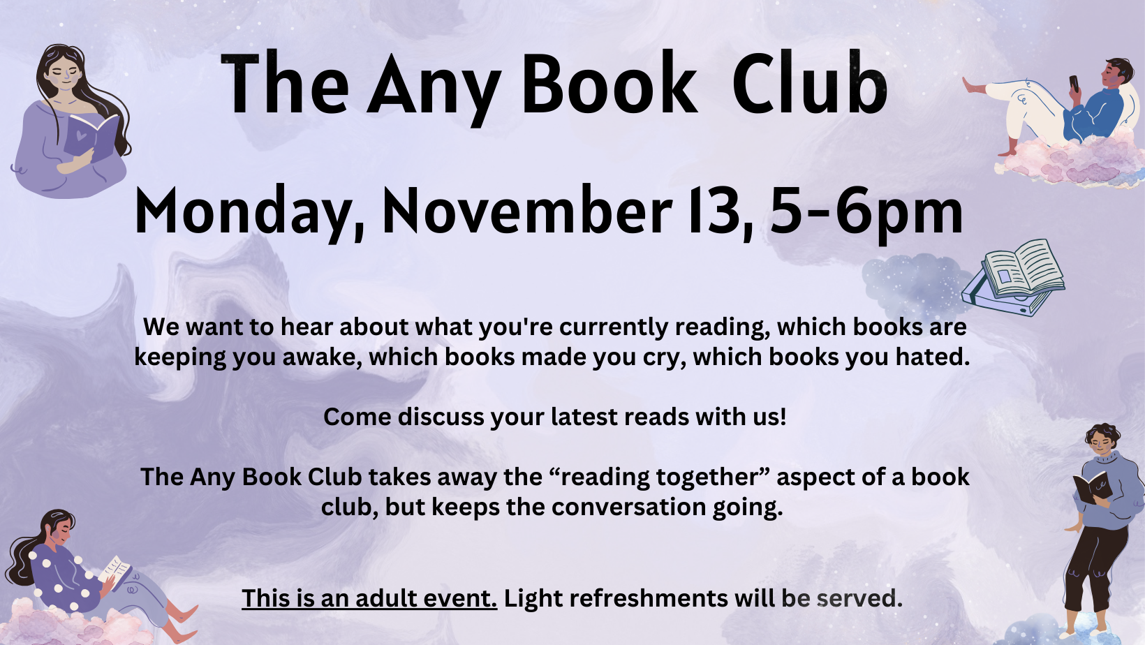 The Any Book Club, Monday, November 13, 5-6 pm