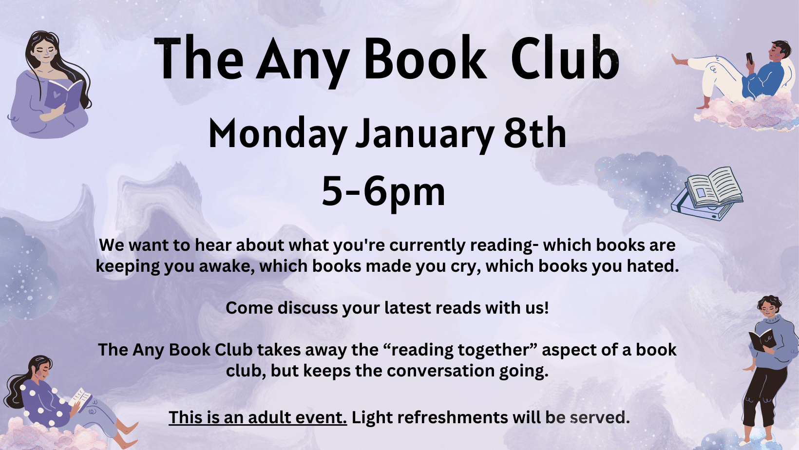 Any Book Club, Monday, January 8, 5-6 pm