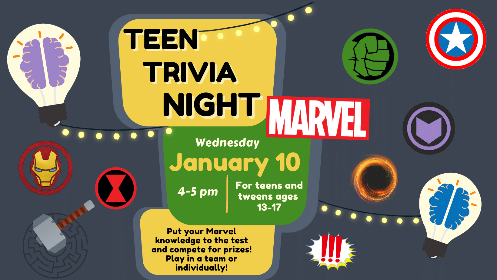 Teen Trivia Night: Marvel, Wednesday, January 10 at 4:00 pm