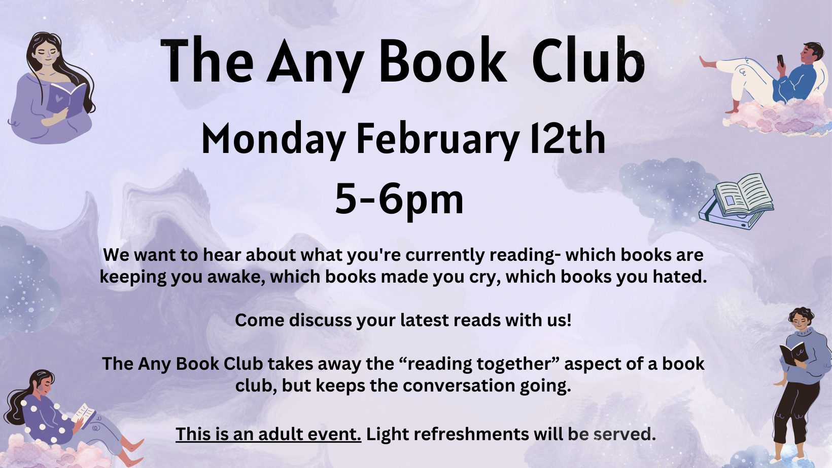 Any Book Club, Monday, February 12, 5-6 pm
