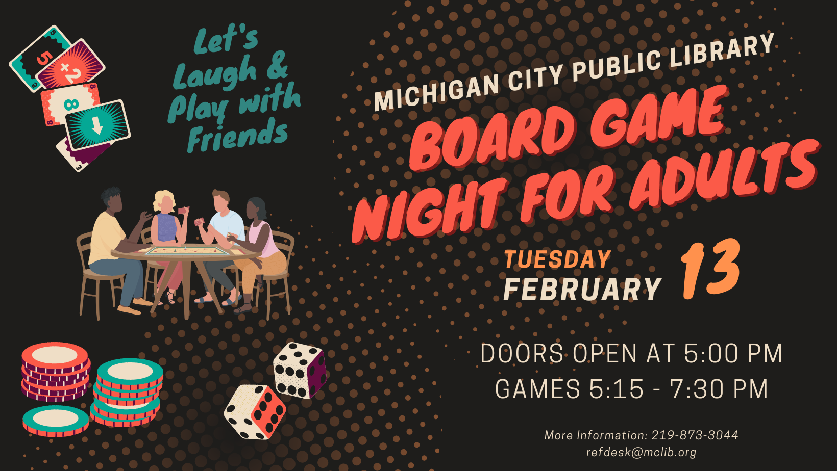 Board Game Night for Adults, Tuesday, February 13 at 5:00 pm