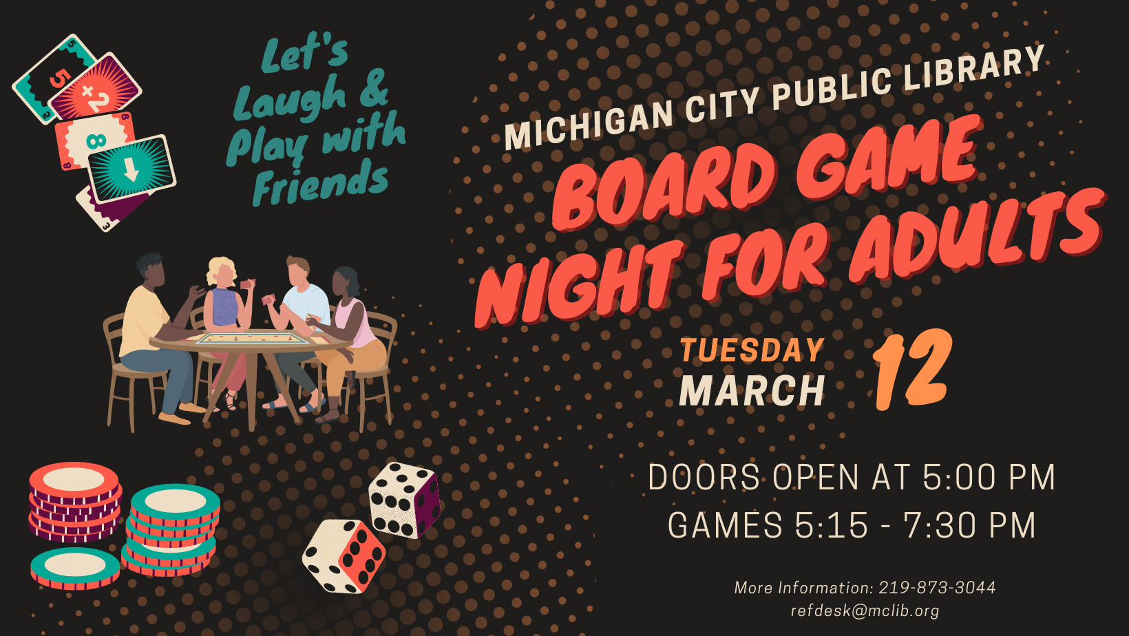 Board Game Night for Adults, Tuesday, March 12 beginning at 5:00 pm