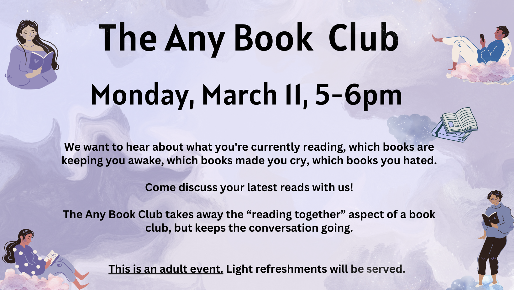 Any Book Club, Monday, March 11 at 5:00 pm