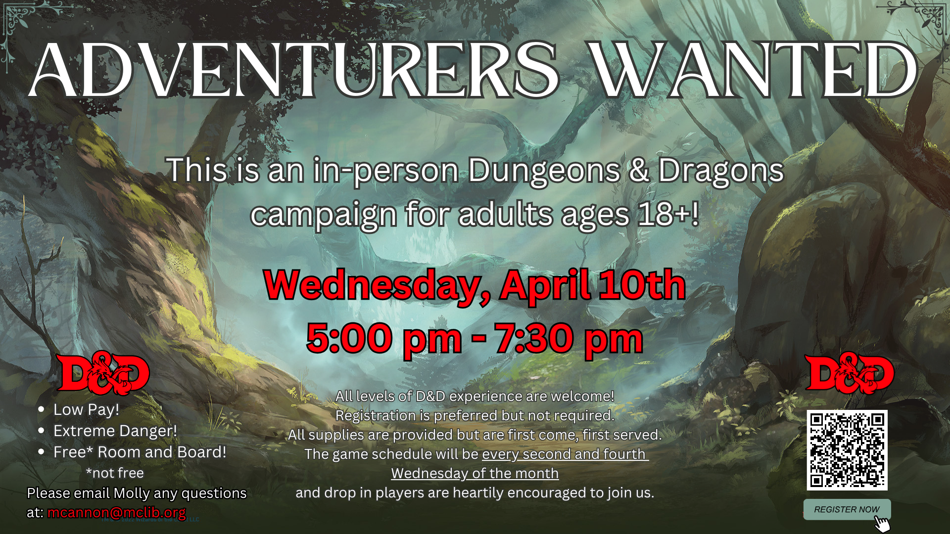 Adventurers wanted! Adult D&D, Wednesday, April 10, 5-7:30 pm