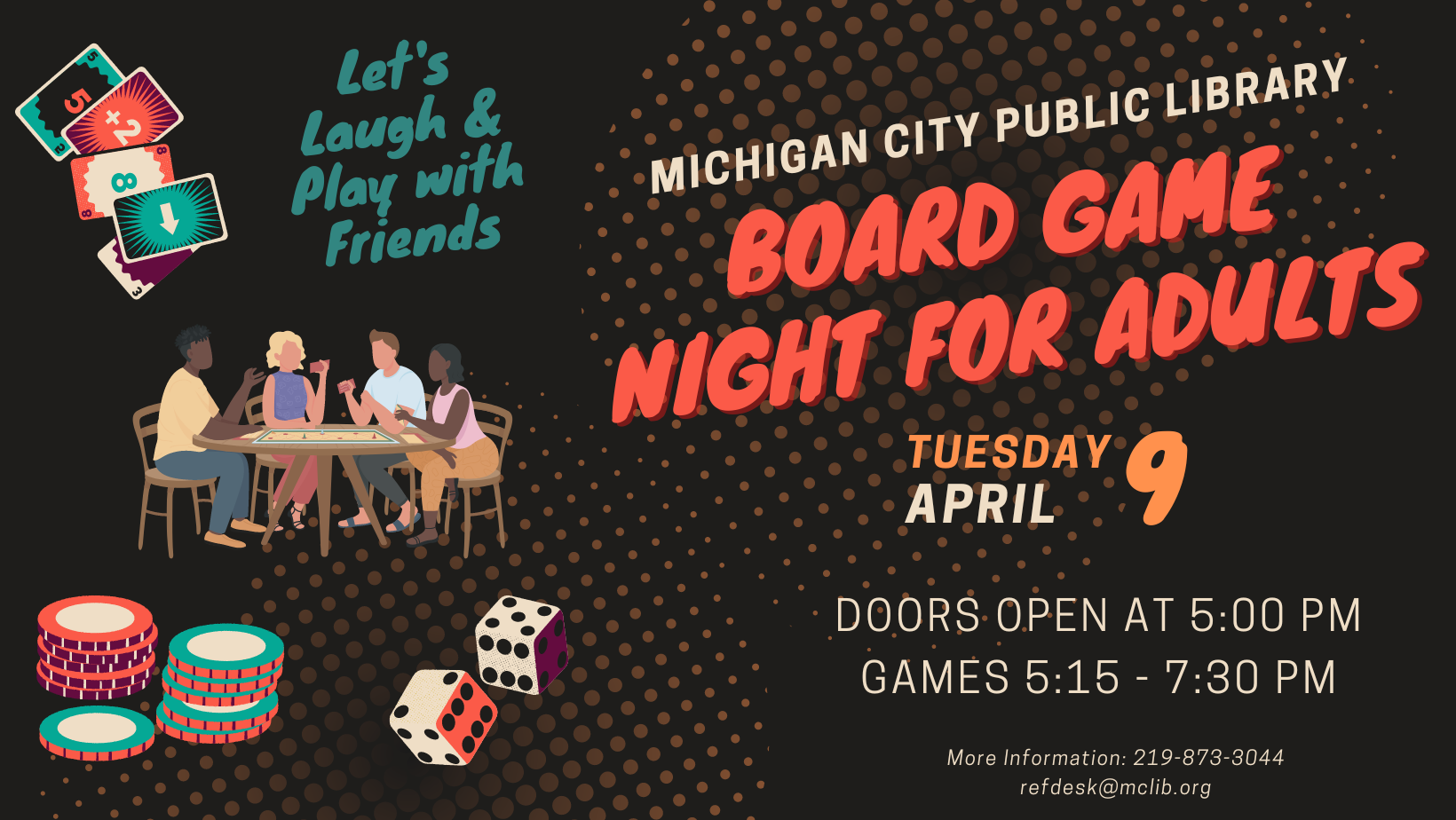 Board Game Night for Adults, Tuesday, April 9 beginning at 5 pm