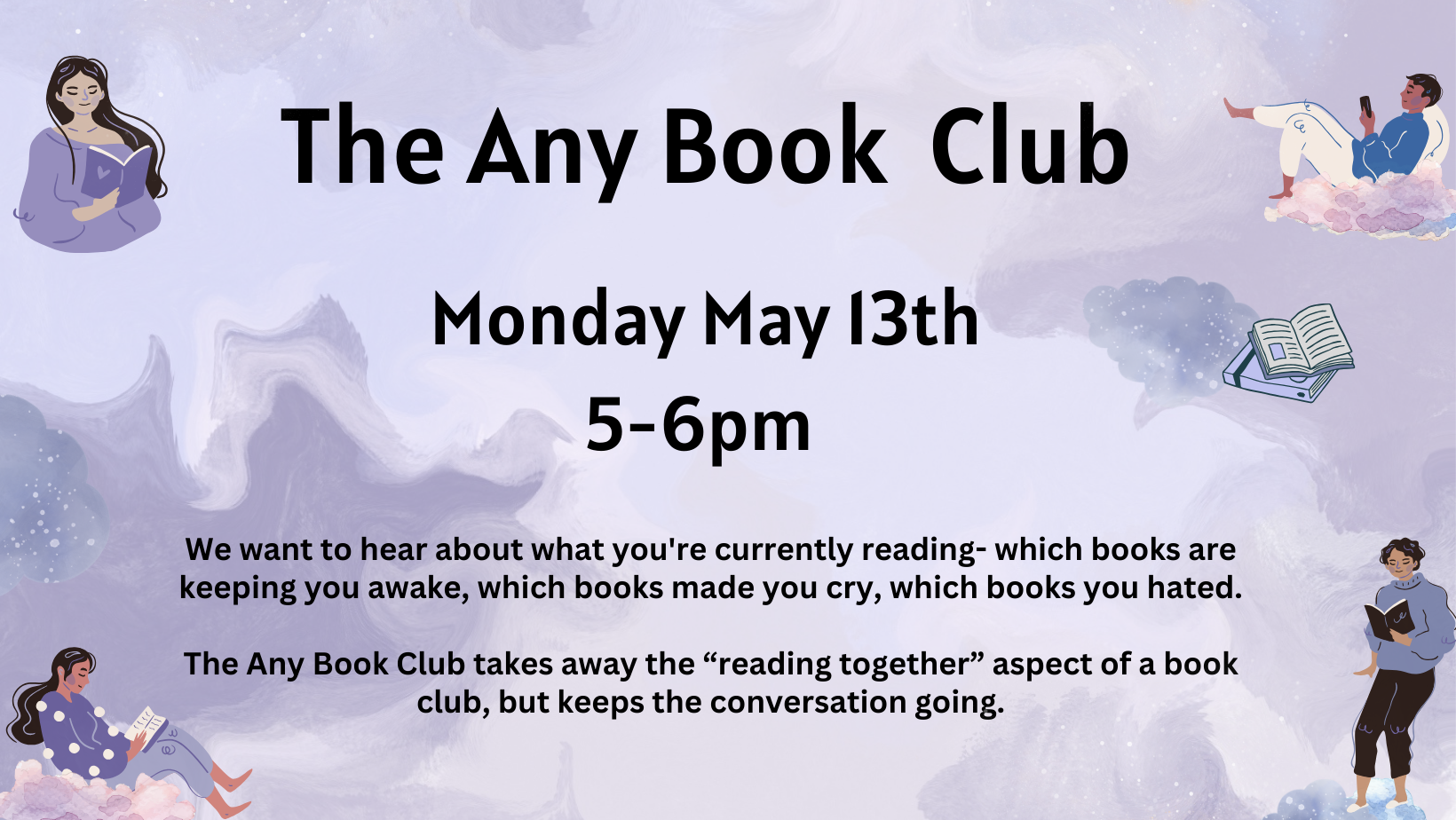 Any Book Club, Monday, May 13 at 5:00 pm