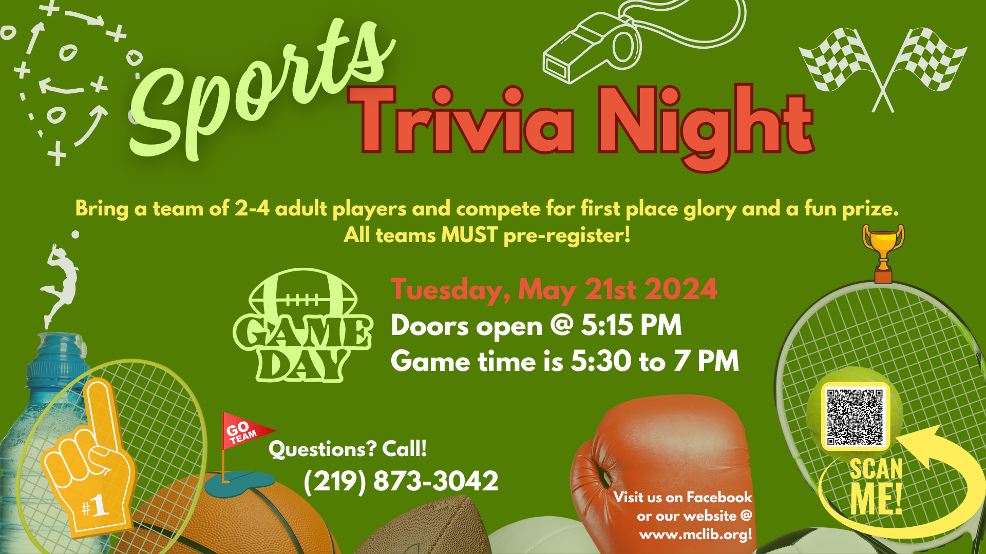 Sports trivia night for adults, Tuesday, may 14 at 5:15 pm, pre-registration required