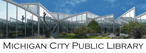 Michigan City Public Library logo -- library courtyard